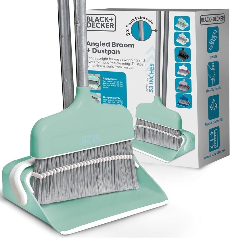 BLACK+DECKER Butler Broom & Dustpan Set - Short Handle, Stand-Up Design - Lightweight, Space-Saving Combo for Kitchen, Living Room, Bathroom, Lobby Floors - Home Cleaning Essential, Teal/Grey - Image 1